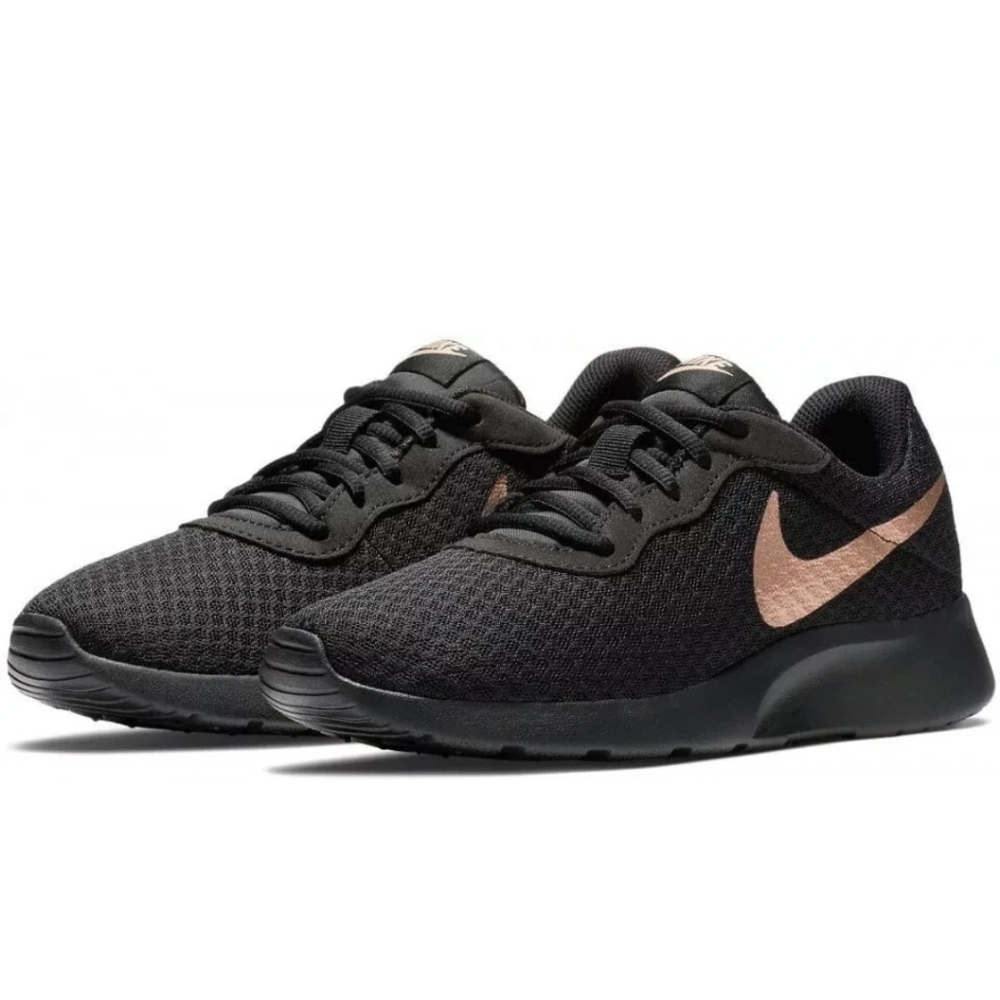 Nike Tanjun Women 7.5 Athletic Shoes Black Gold Nike Logo 812655-005 Sneakers